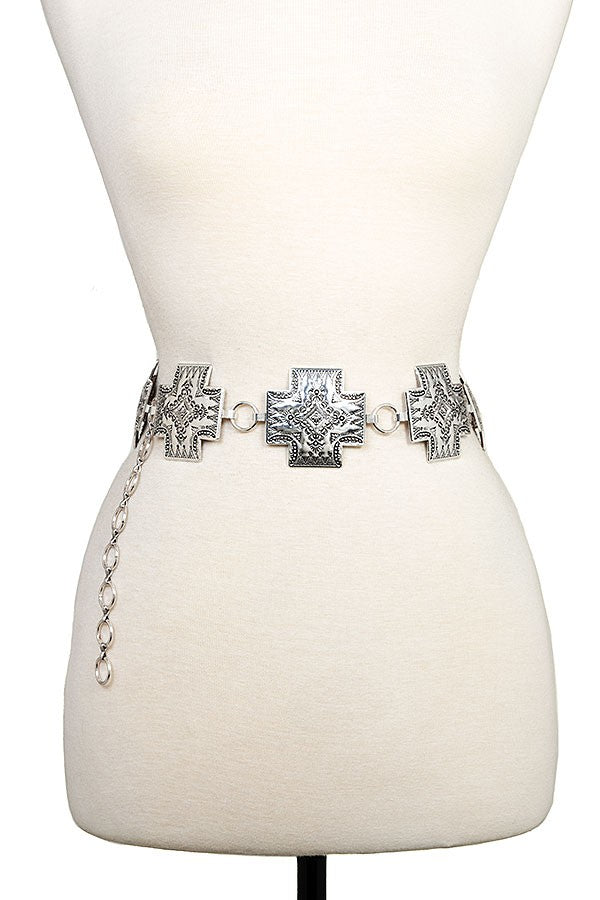 Etched Cross Concho Belt Silver