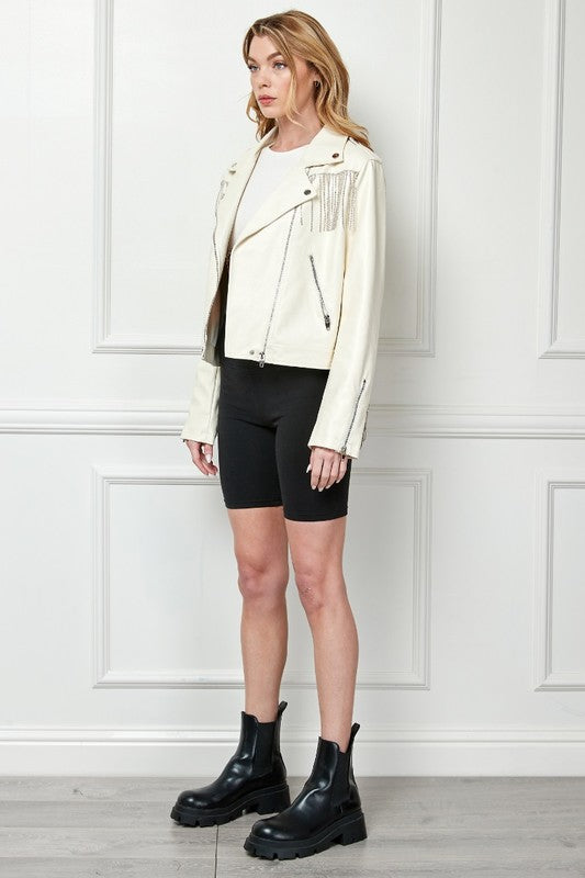 Rhinestone Fringe White Vegan Leather Jacket 