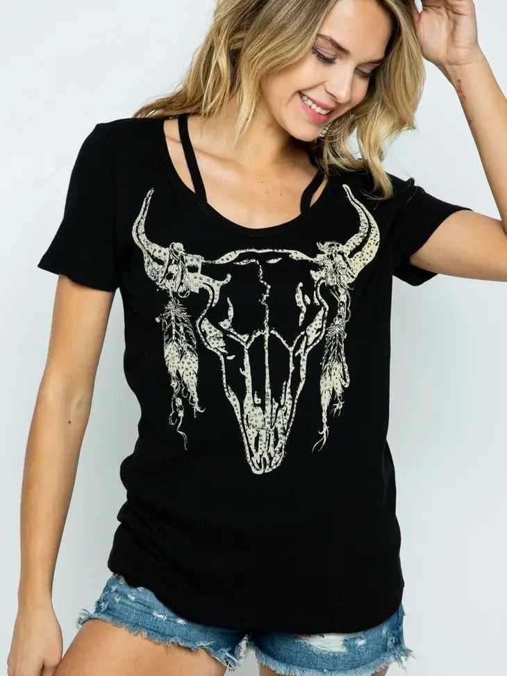 Bull Skull Cut-Out Neckline Tee