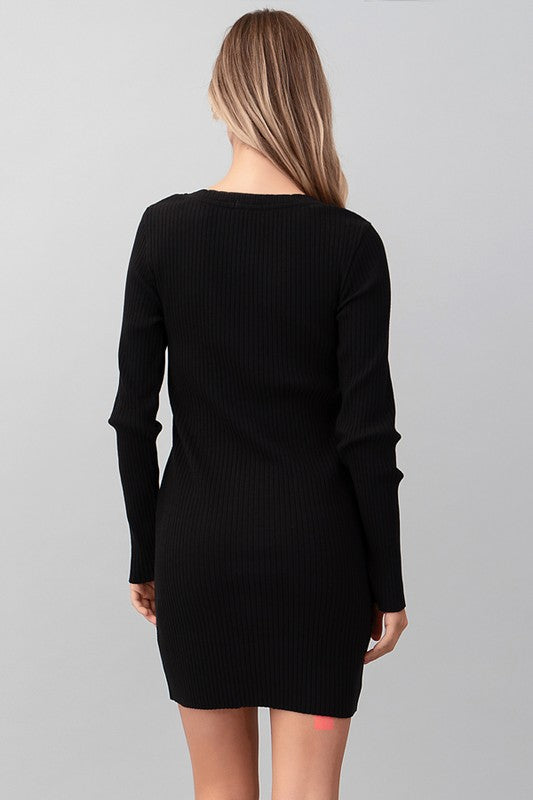 Ribbed V-Neck Casual Dress w/ Snap Detail Neckline