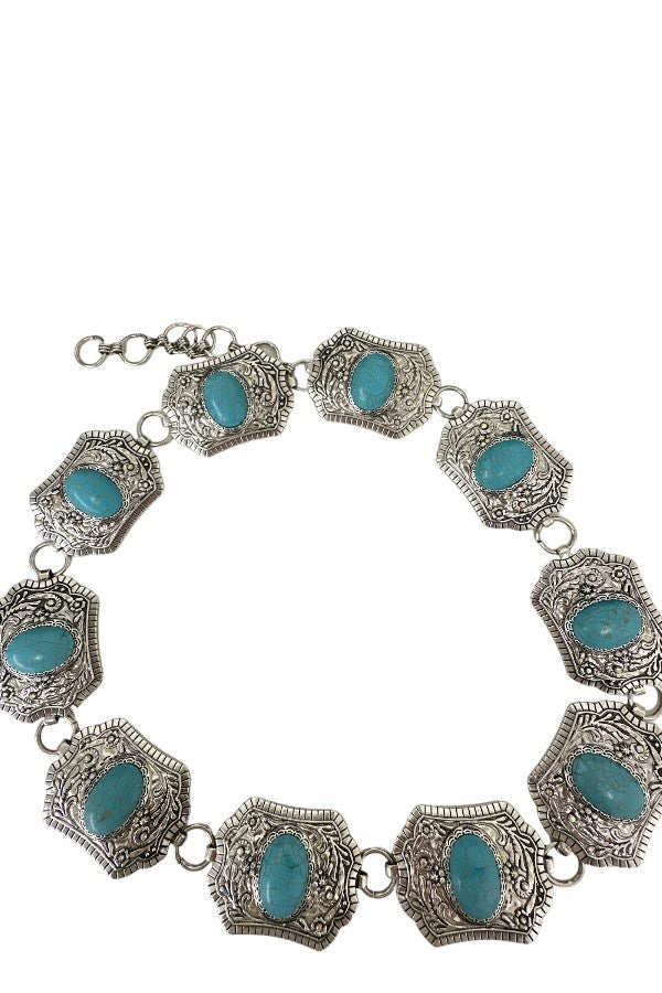 Rectangle Concho Belt with Crystal Accents- Silver/Turquoise- 35in-