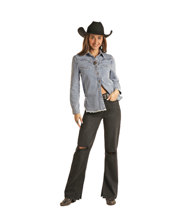 Distressed Western Denim Shirt- 
