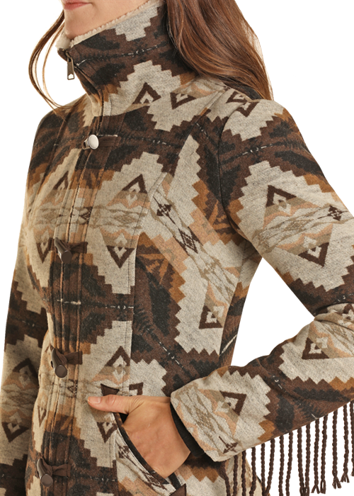 Aztec Wool Coat with Fringe 