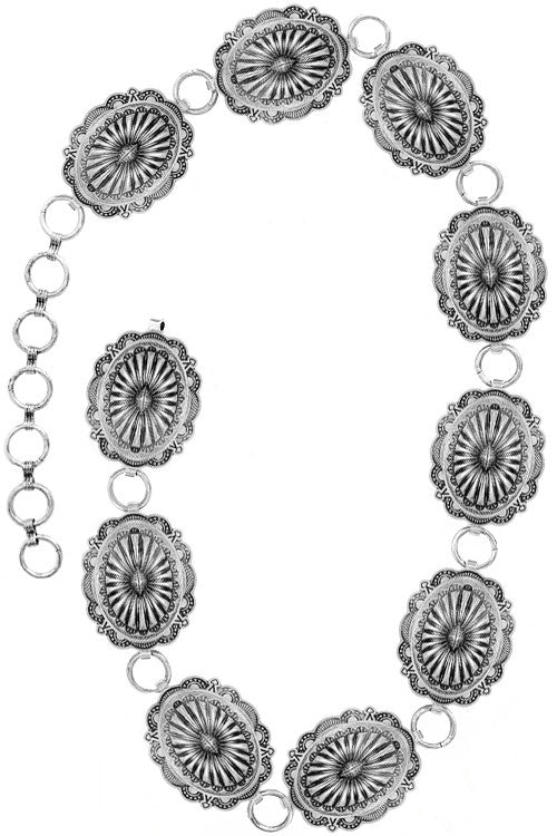 Classic Round Floral Concho Belt- Silver- L/XL