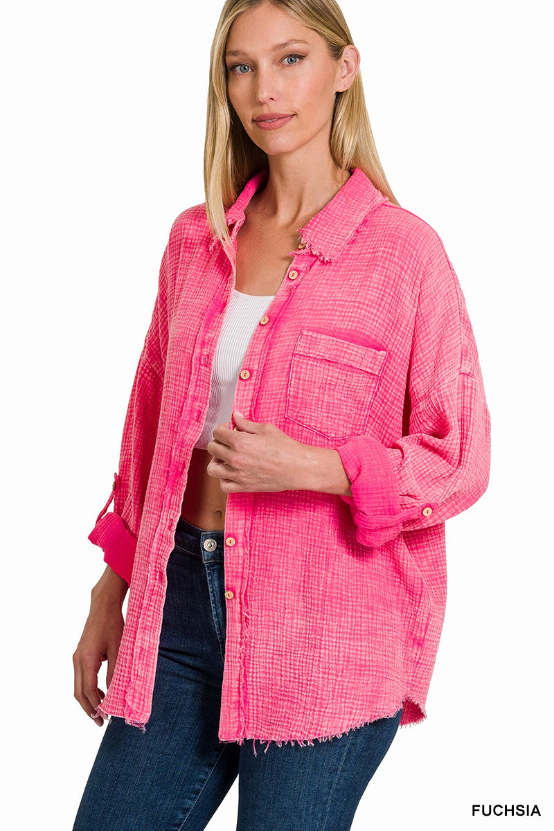Double Gauze Button Down Shirt- Fuschia- 