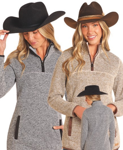 Melange Quarter Zip with Suede Trim-  Tan- DW91C04076