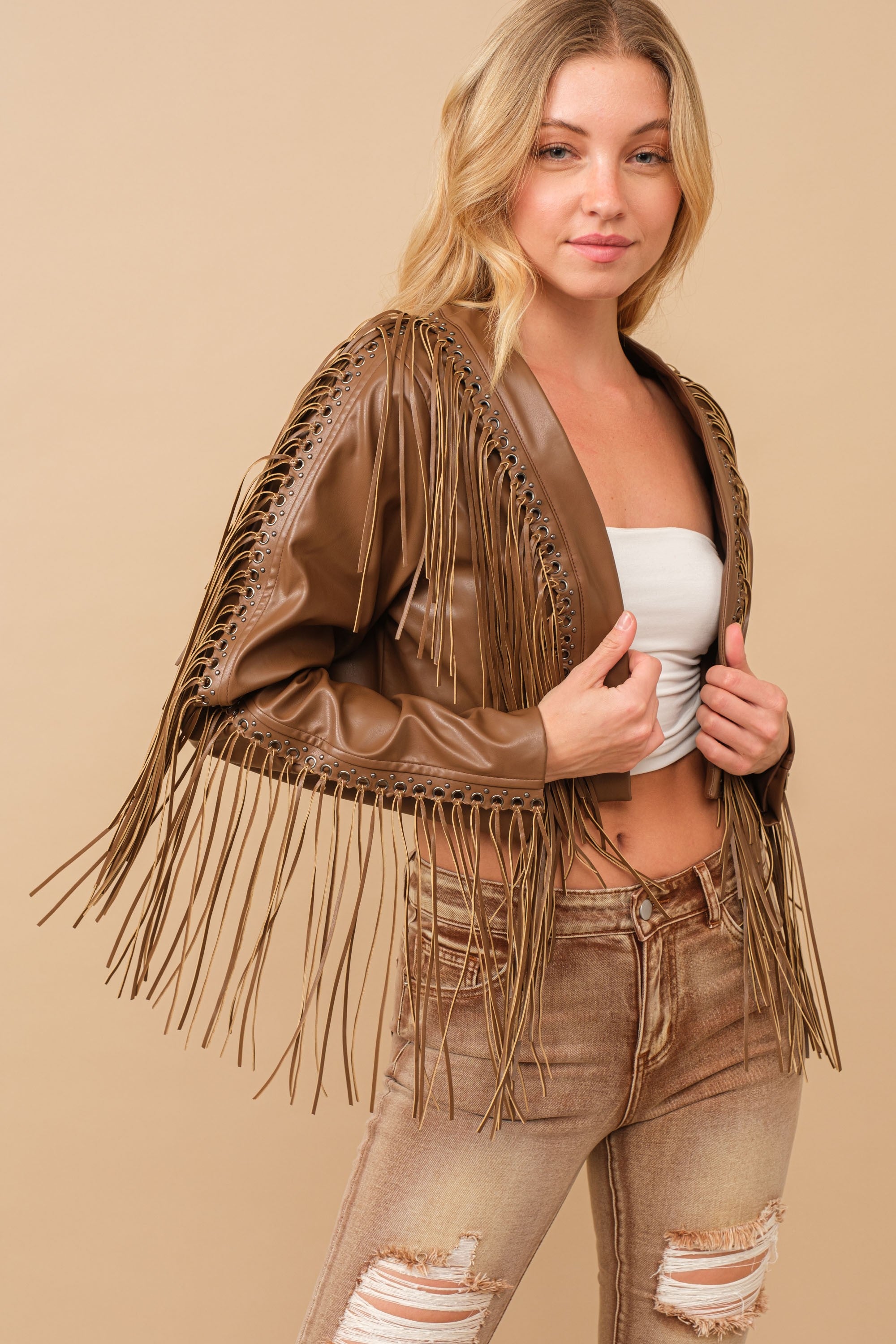 Faux Leather Cropped Eyelet Fringe Jacket- 61242J- Brown 