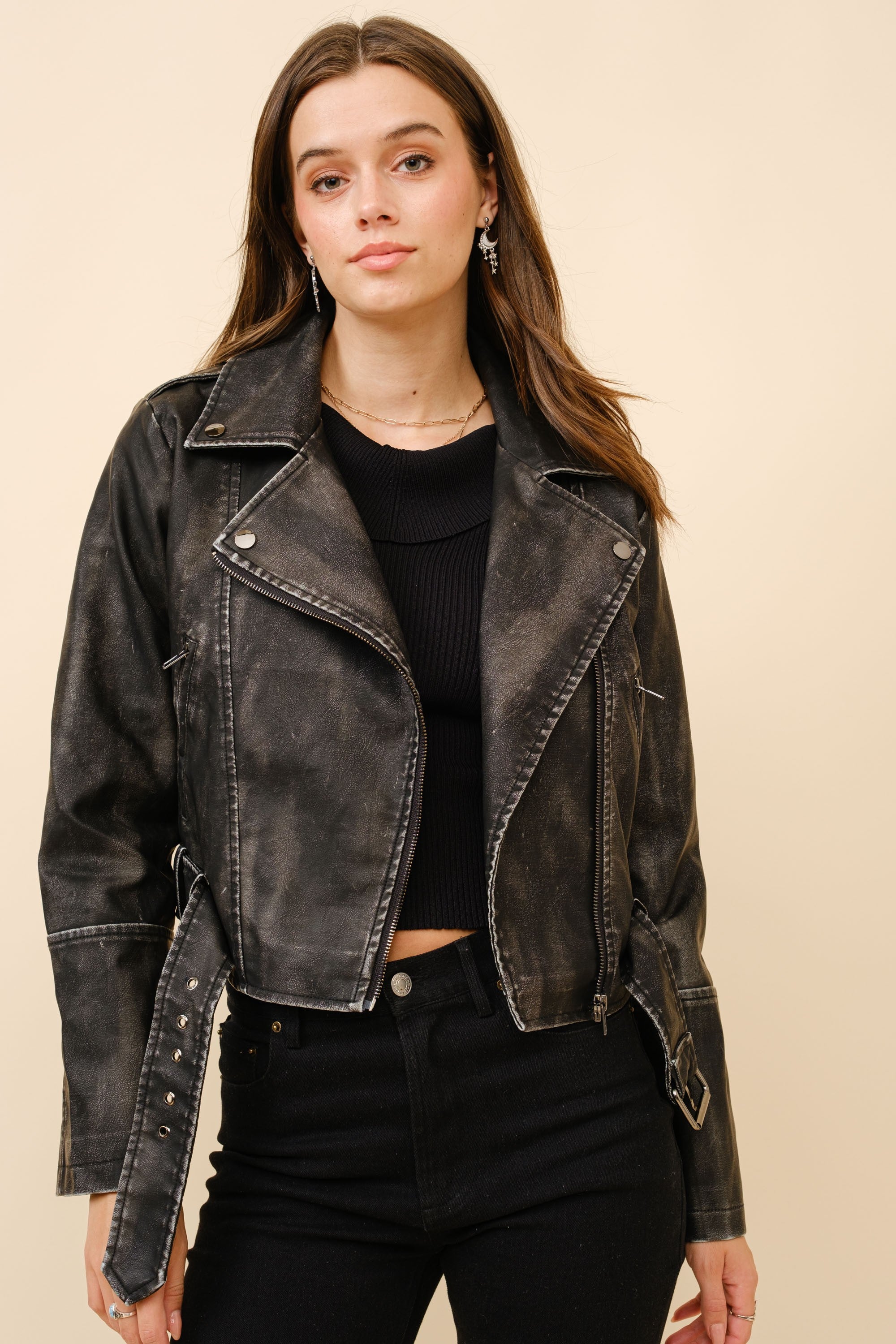Washed Leather Moto Jacket- Black- 