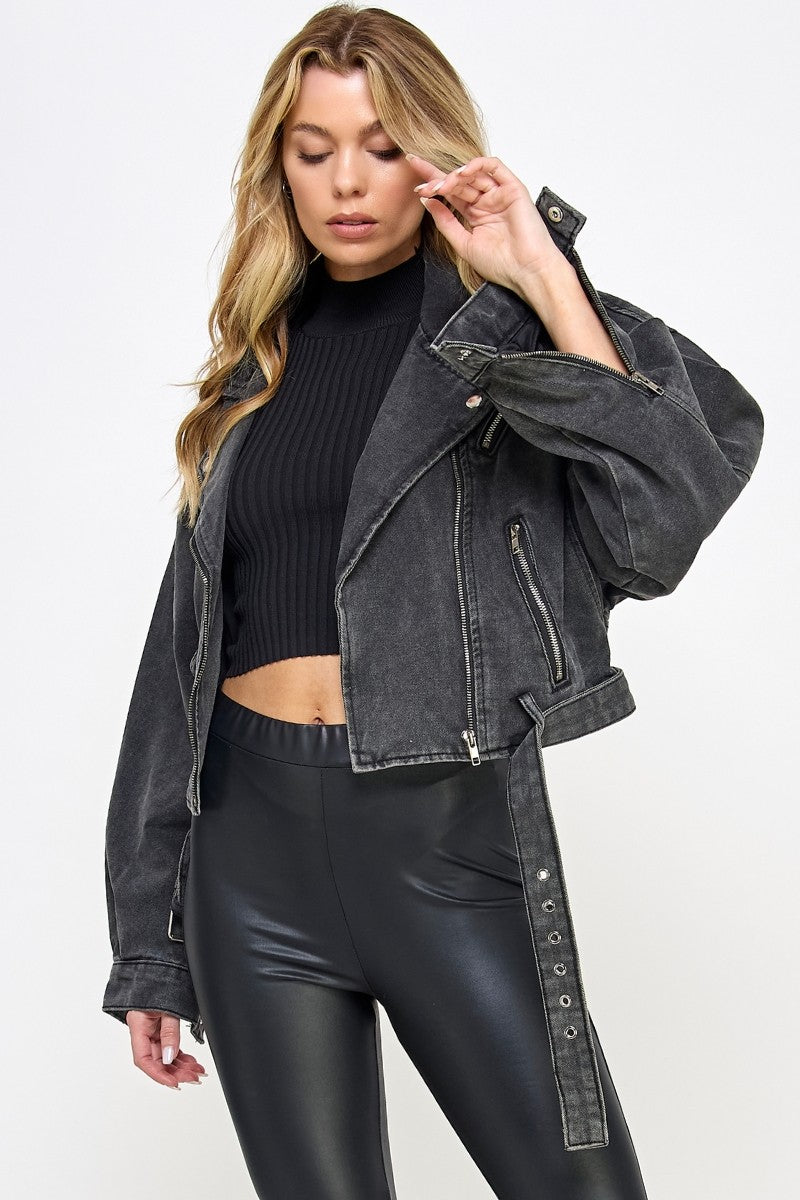 Black Denim Biker Jacket- VJ71810