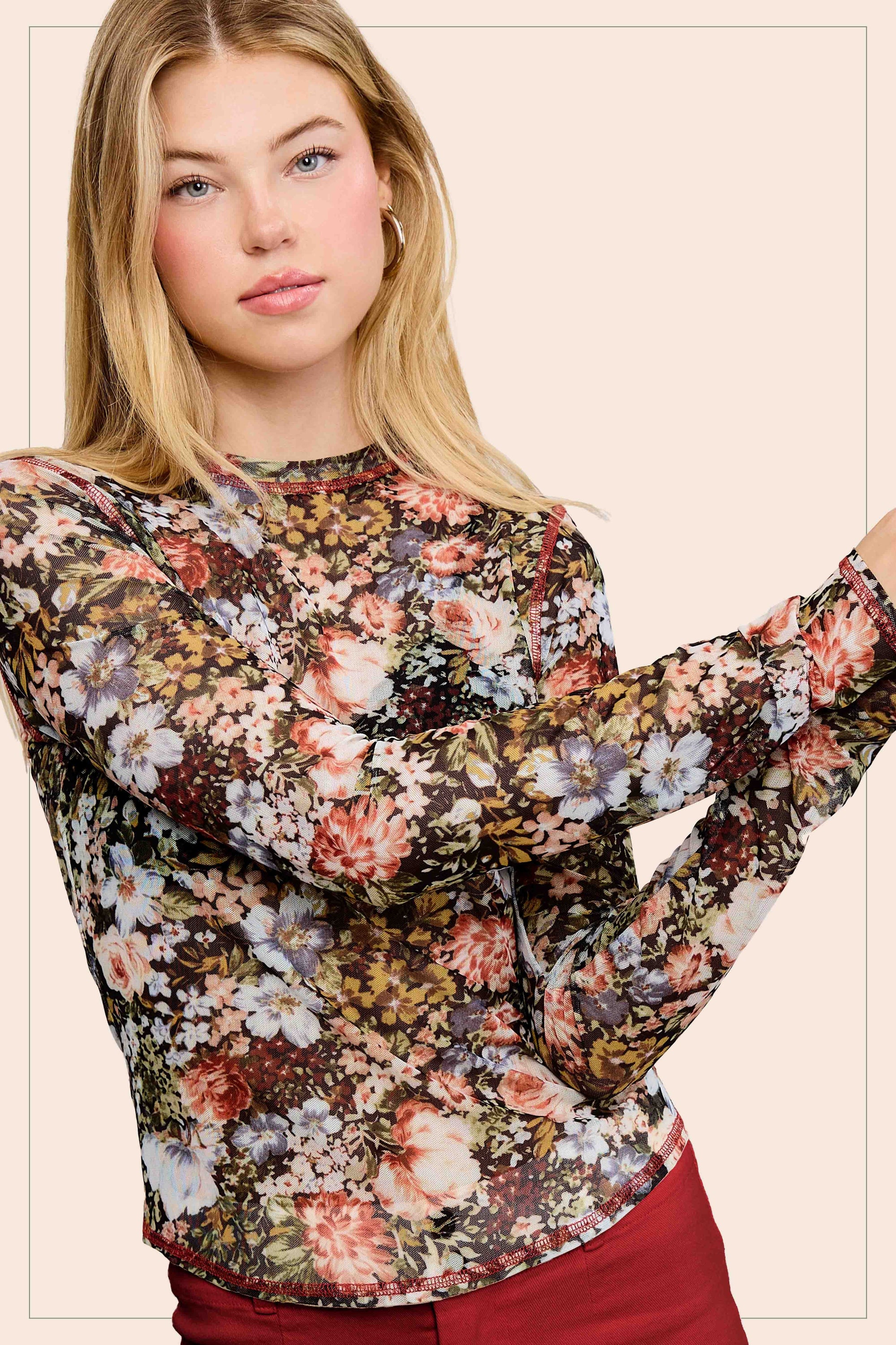 Sheer Floral Mesh Top - Black- 