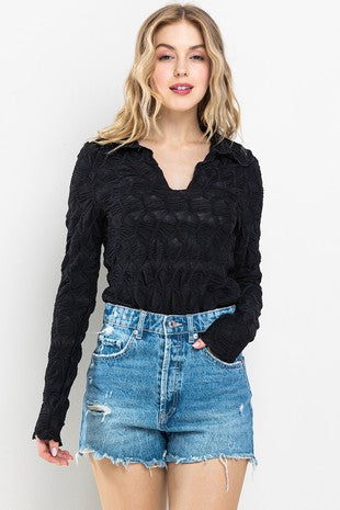 Textured Fitted V-Neck Long Sleeve- 