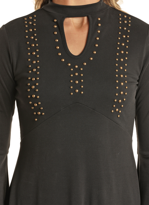 Bell Sleeve Studded Dress- Black- 