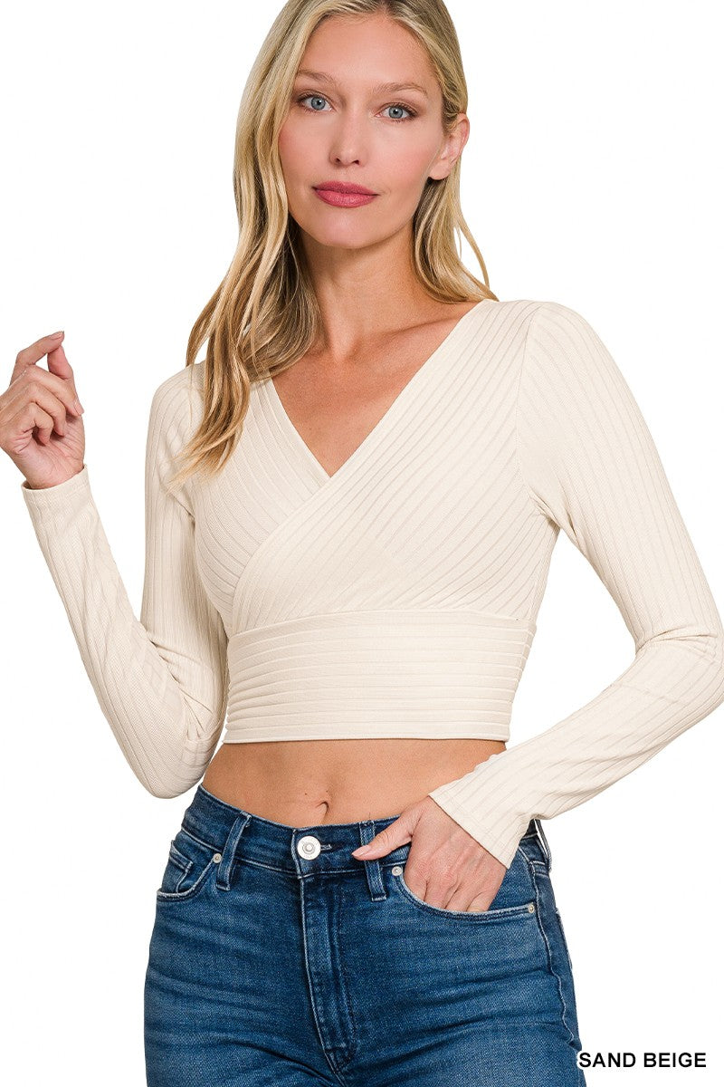 Ribbed Cross Front Cropped Long Sleeve- RRT-8526Y- Sand Beige