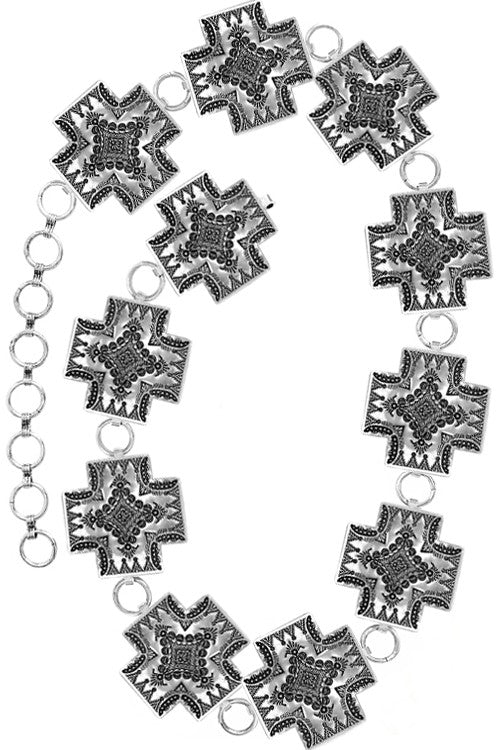 Aztec Cross Concho Belt- L/XL- Silver