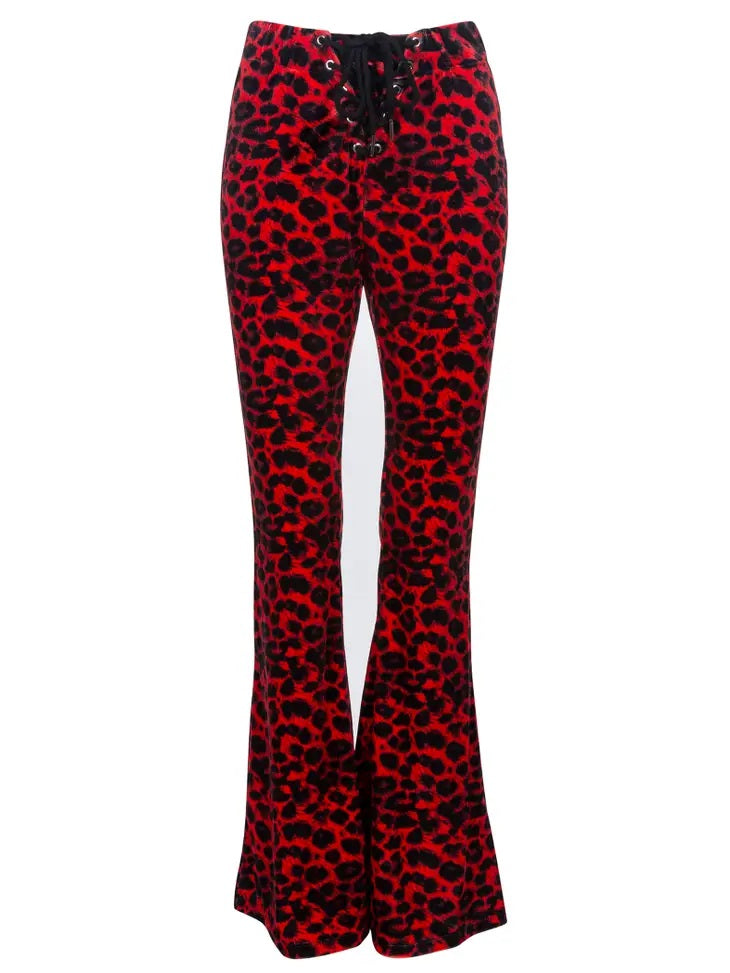 Animal Print Velvet Bell Bottom- Red- 