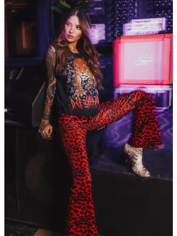 Animal Print Velvet Bell Bottom- Red- 