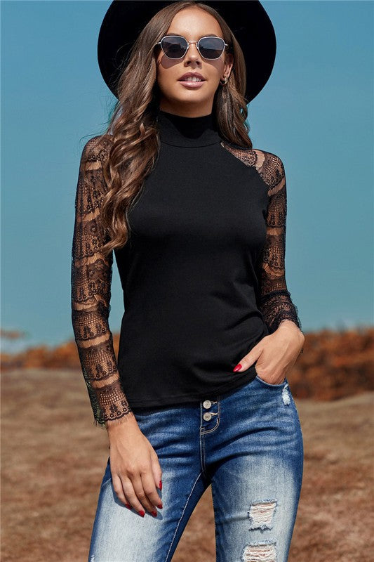 Lace Sleeve High Neck Shirt
