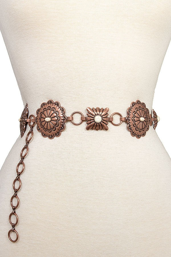 Round Square Concho Belt- Copper- L/XL