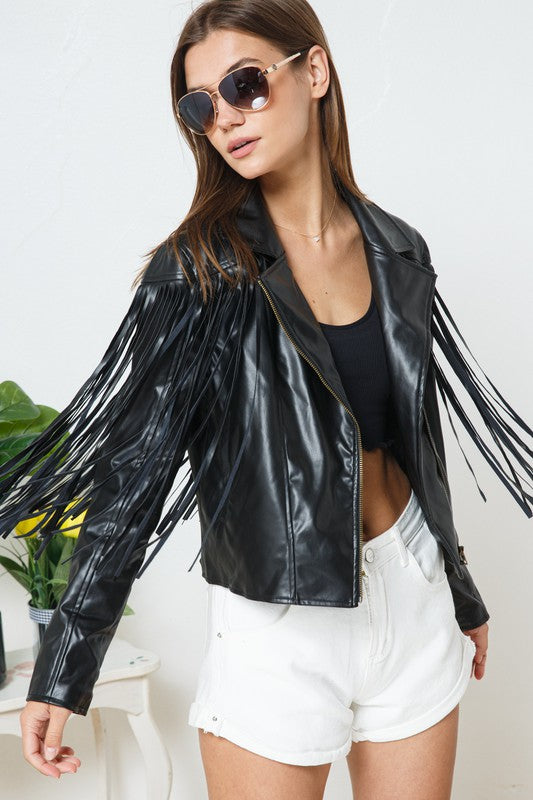 Black Vegan Leather Fringe Jacket