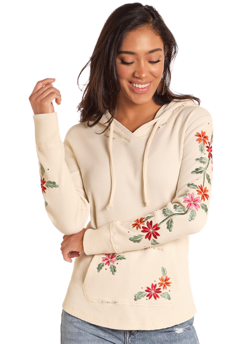 Lightweight Waffle Hoodie- Cream Embroidered - LW94T04624