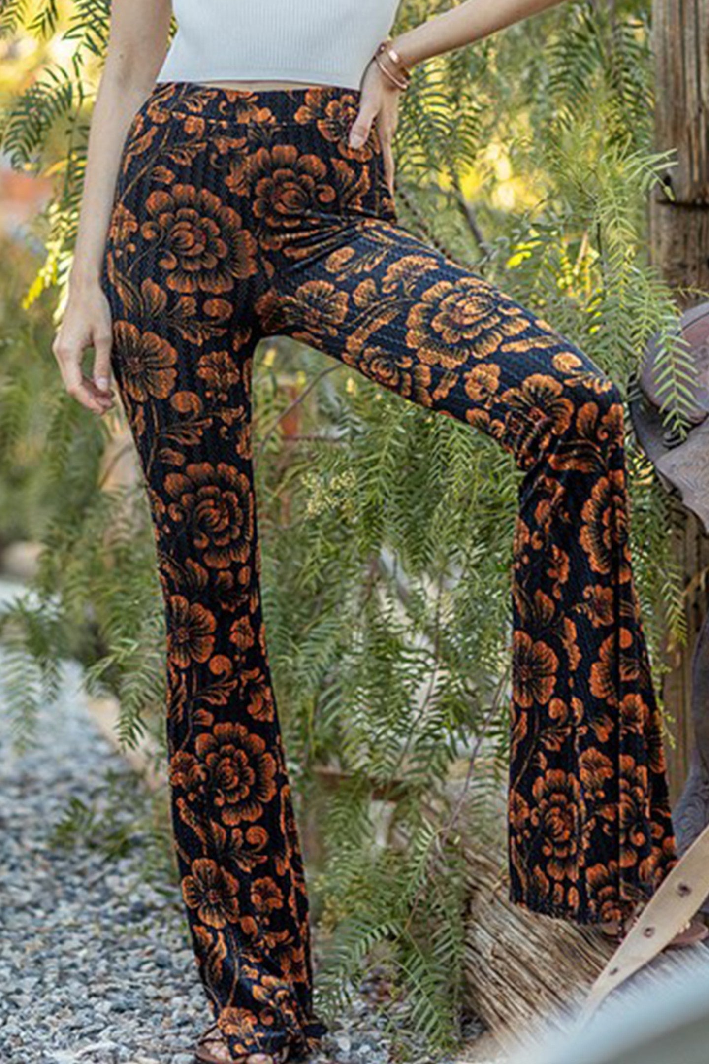 Velvet Floral Black Flare Pants