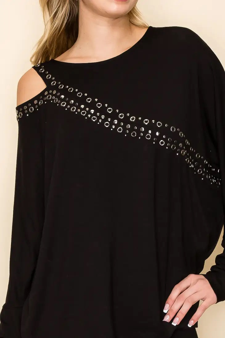 Asymmetrical Open Shoulder Top with Eyelet 