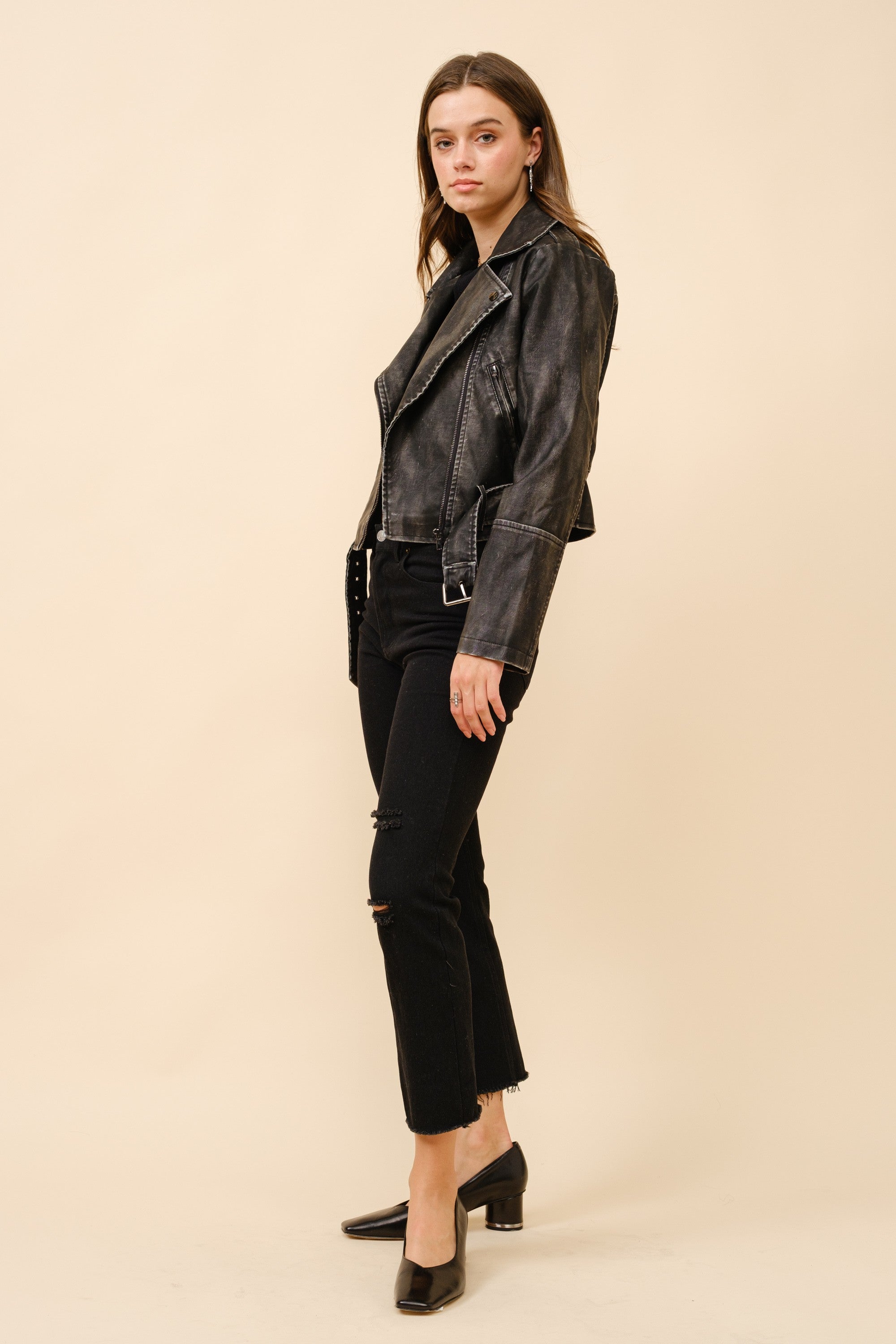 Washed Leather Moto Jacket- Black- 
