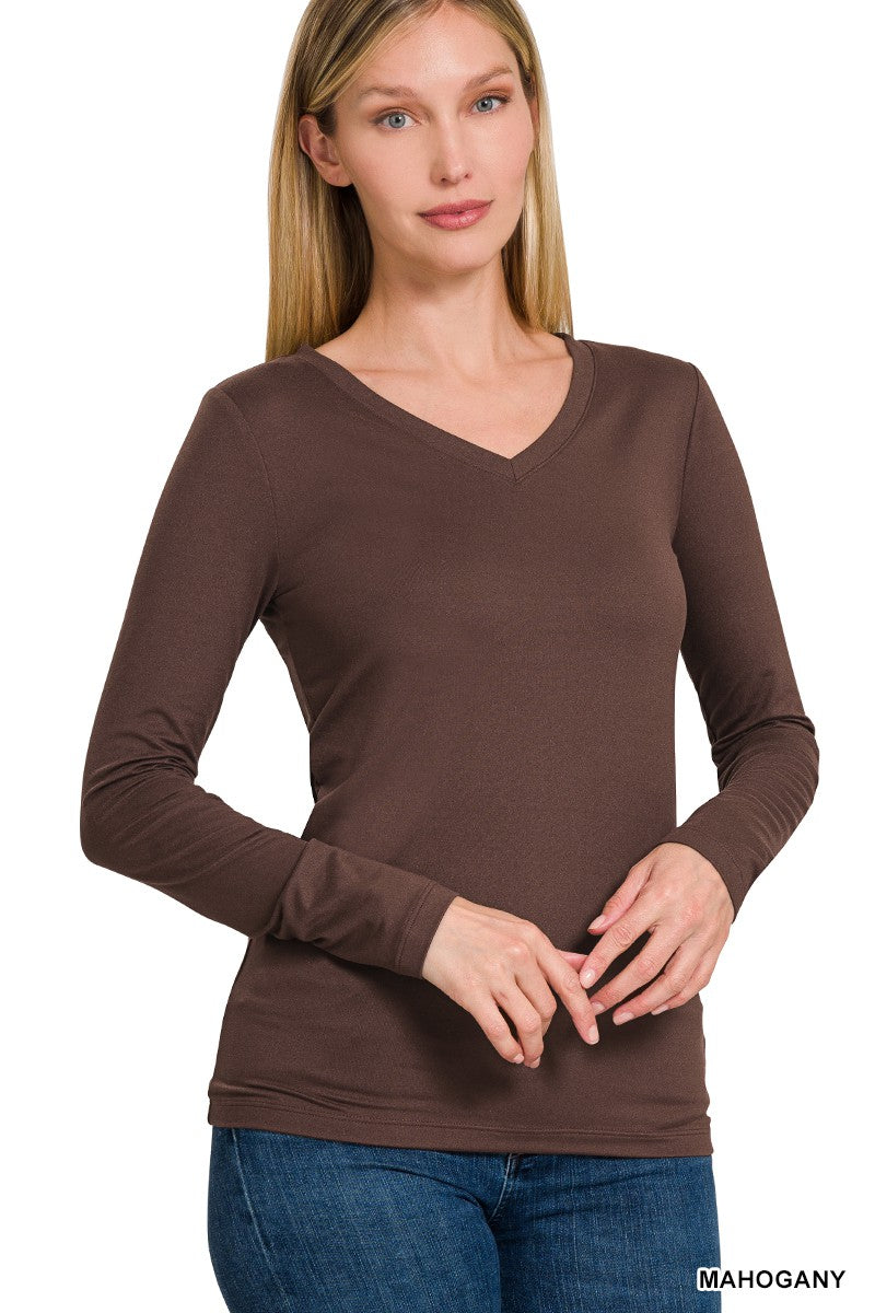 Brushed Microfiber V-Neck- Brown
