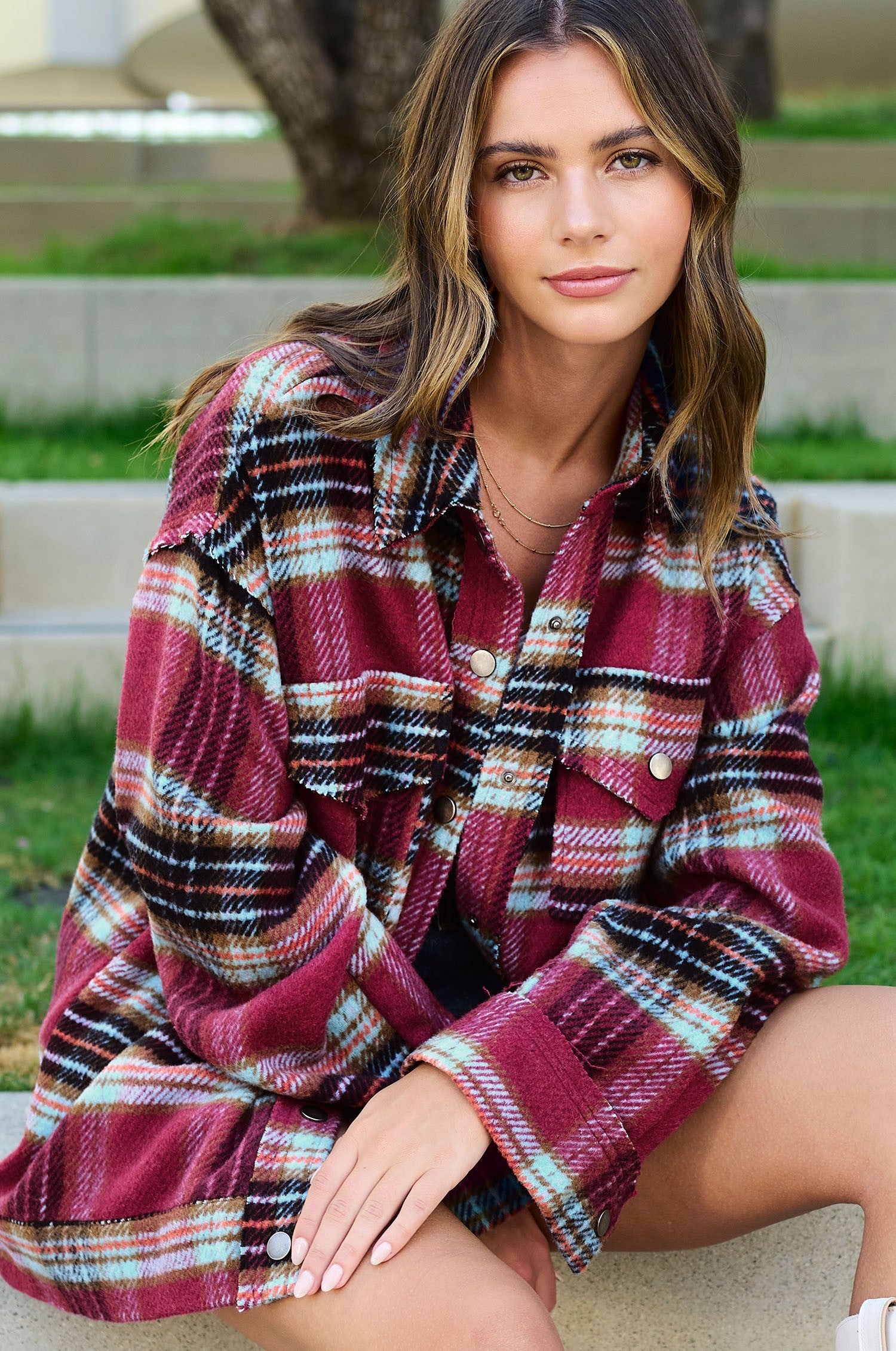 Hailee Plaid Shacket- Maroon/Plum