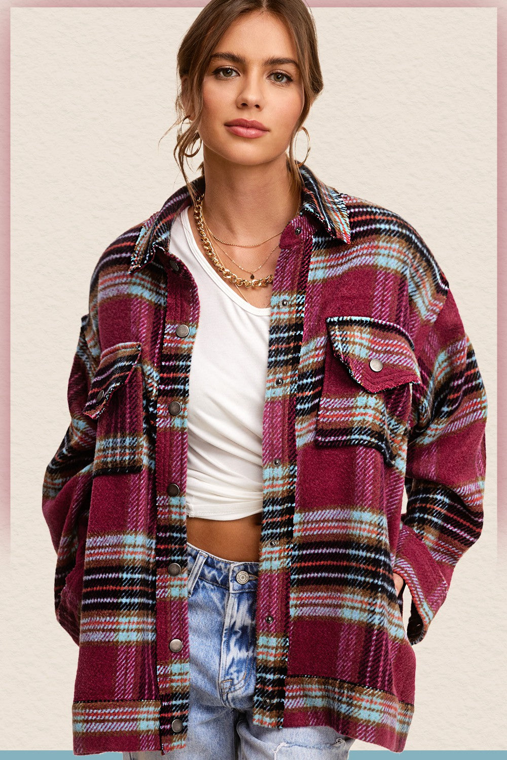 Hailee Plaid Shacket- Maroon/Plum