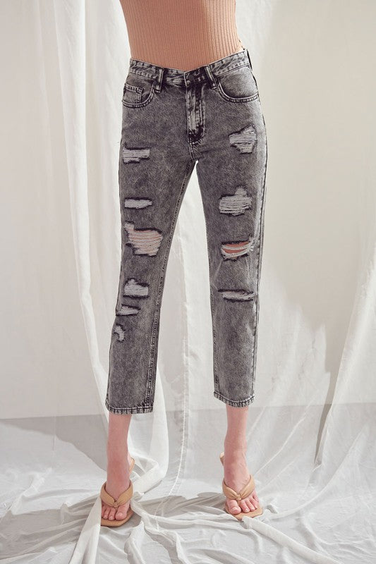 Acid Wash Black High Rise Slim Straight 