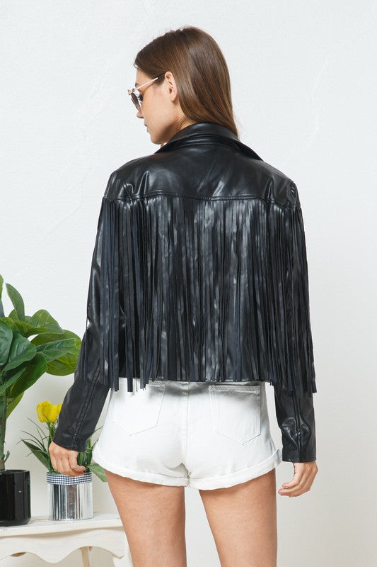 Black Vegan Leather Fringe Jacket