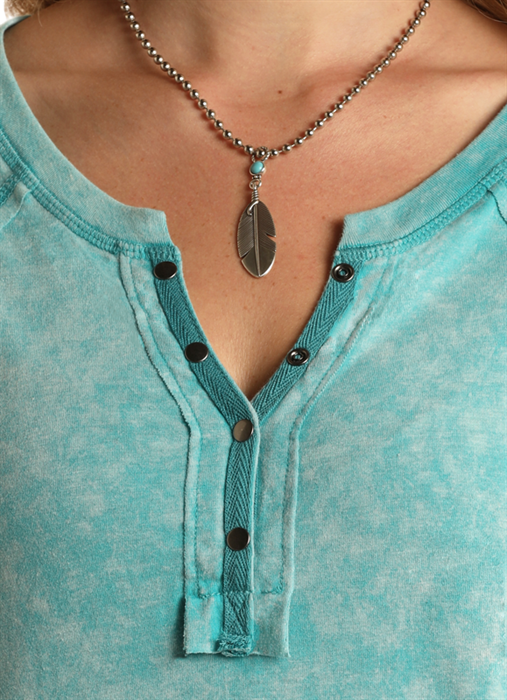 Acid Wash Button Neck Henley- Turquoise- 