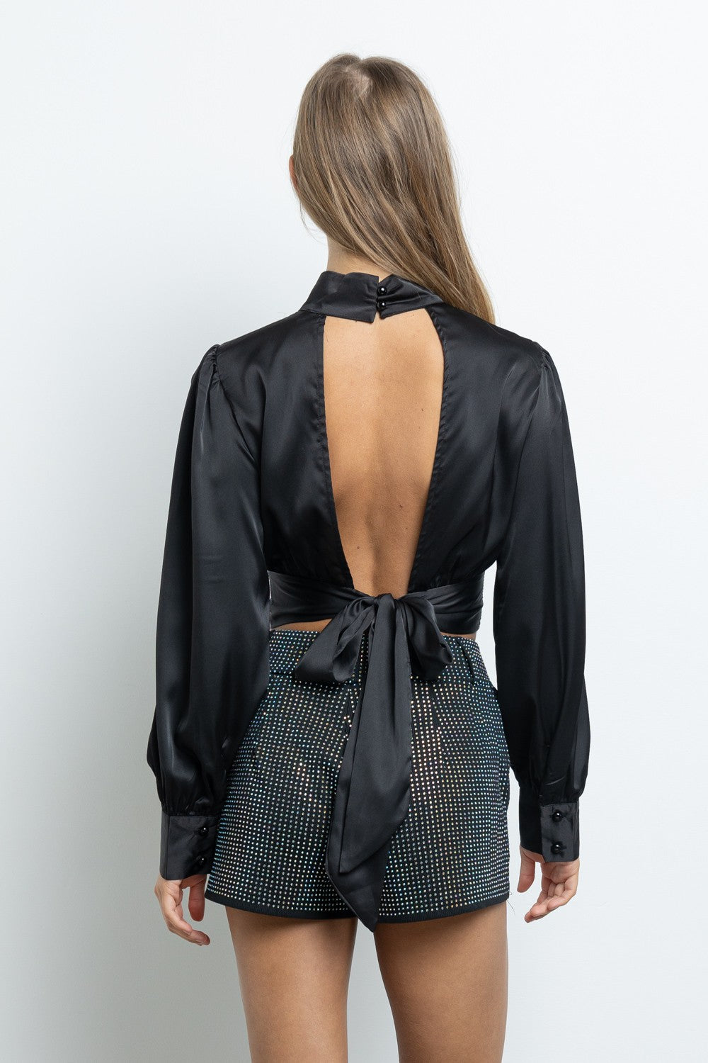 Satin Wrap Blouse- Black 