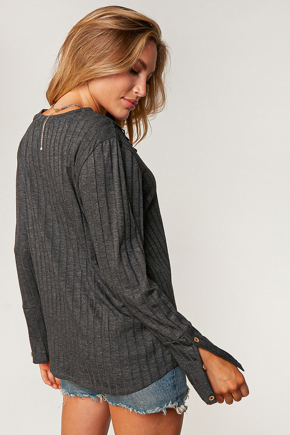 PLUS- Ribbed V-Neck with Lace Trim Neck- Charcoal- 