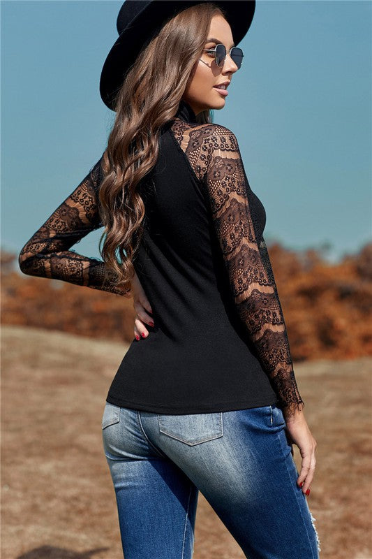 Lace Sleeve High Neck Shirt