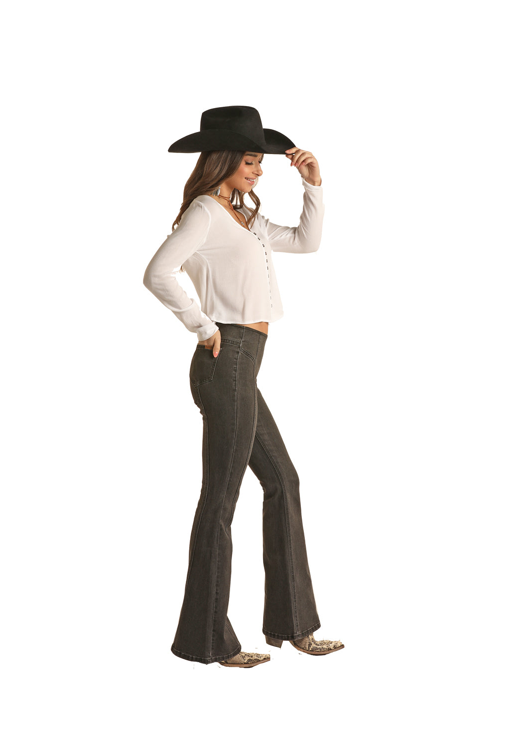 Distressed Black Pull On Flare 