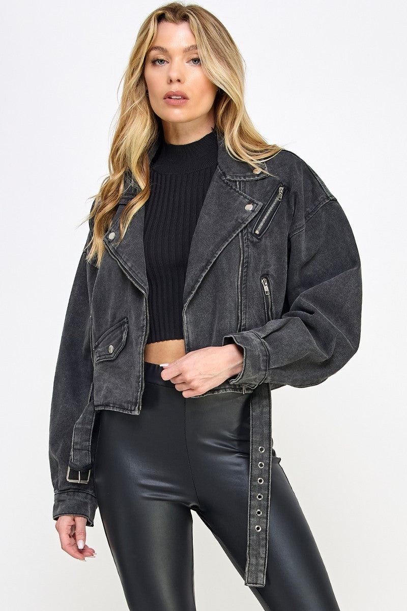 Black Denim Biker Jacket- VJ71810