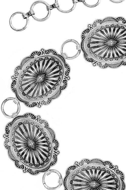 Classic Round Floral Concho Belt- Silver- L/XL