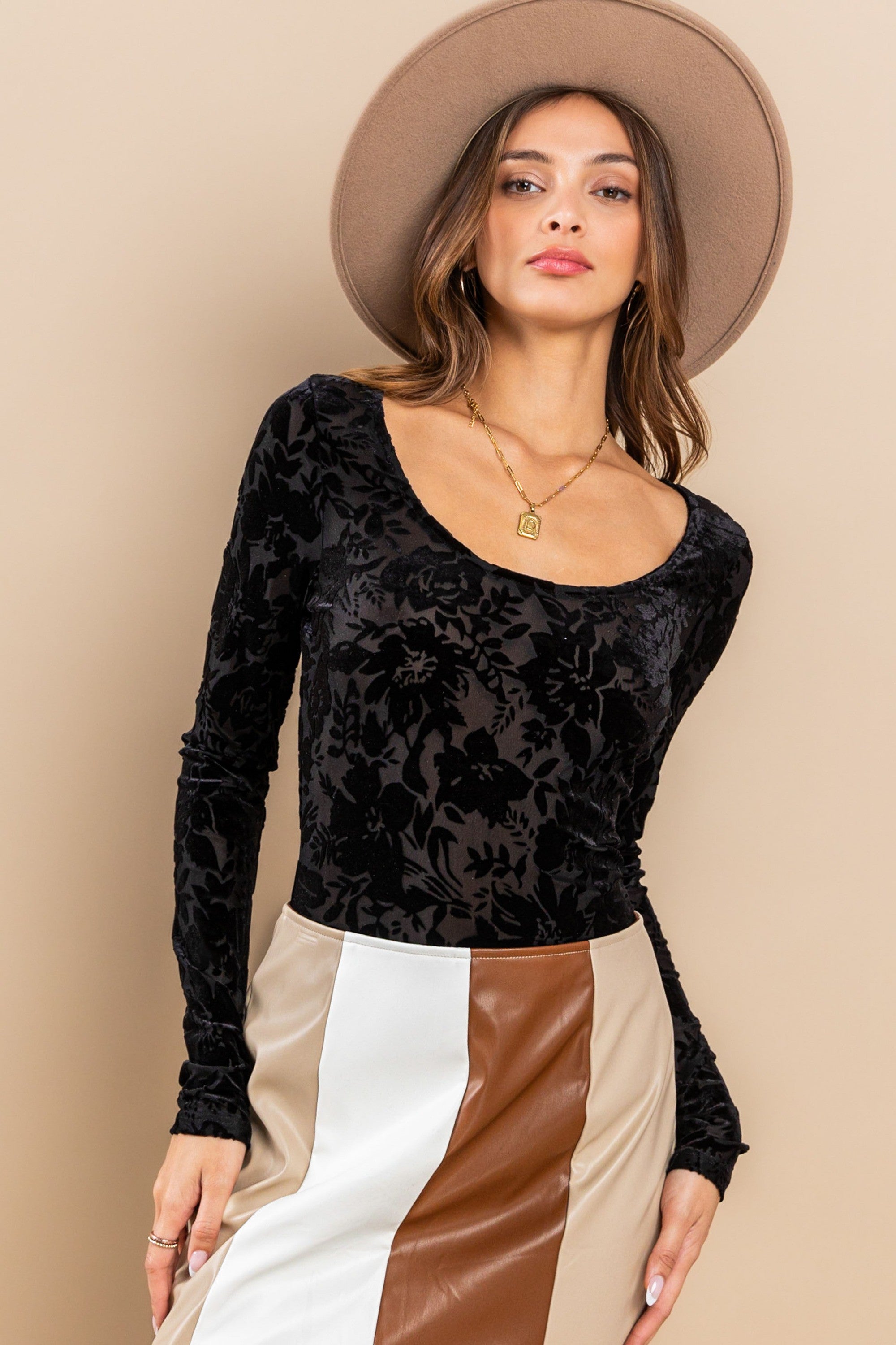 Velvet Floral Bodysuit- Black 