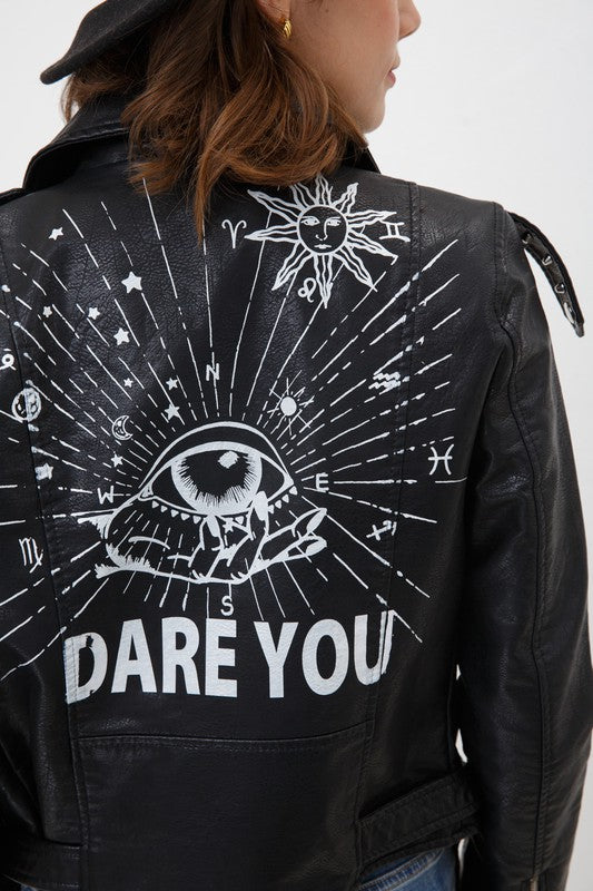 Black Vegan Leather Graphic Jacket