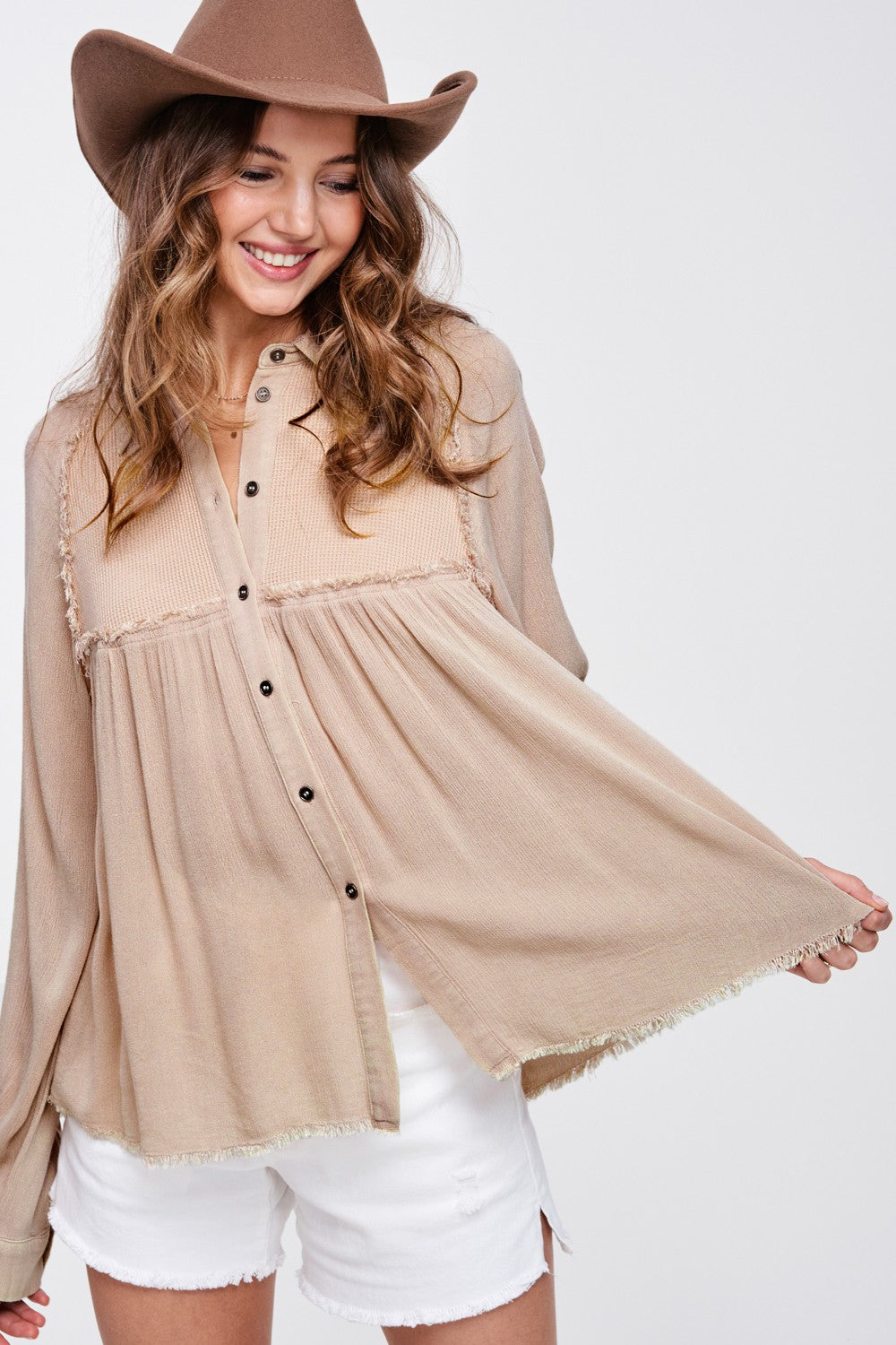 Rose Gauze Waffle Flowy Top- Taupe- 
