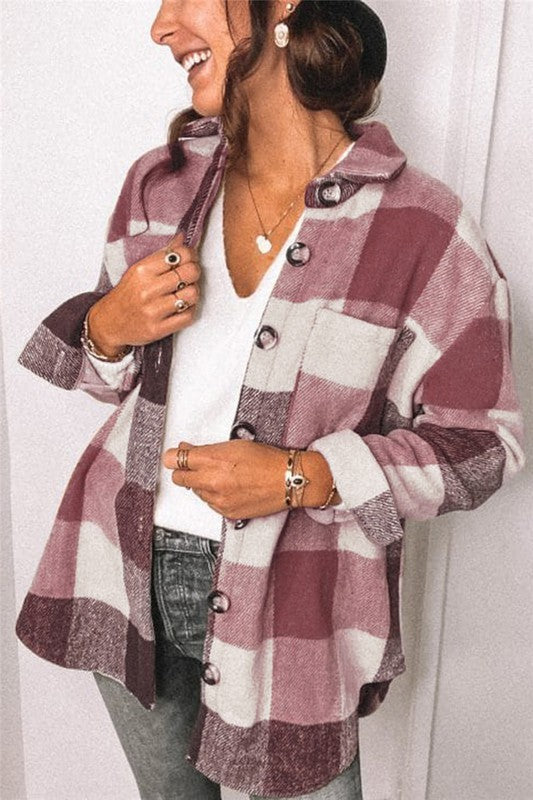 Fleece Flannel Shacket with Tan Buttons 