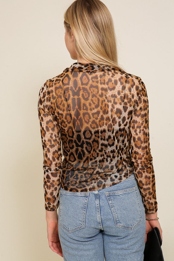 Sheer Cheetah Tie Front Top