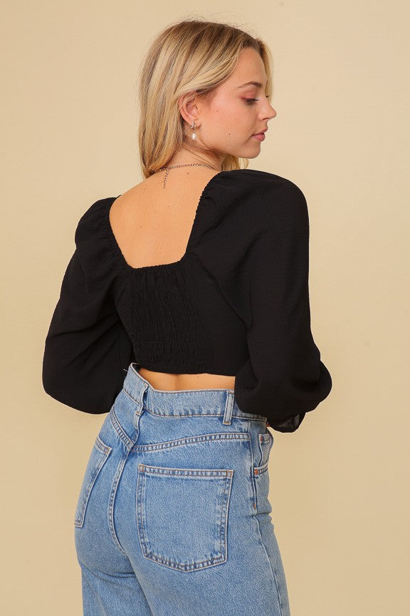 Puff Sleeve Surplice Crop Top- Black- 