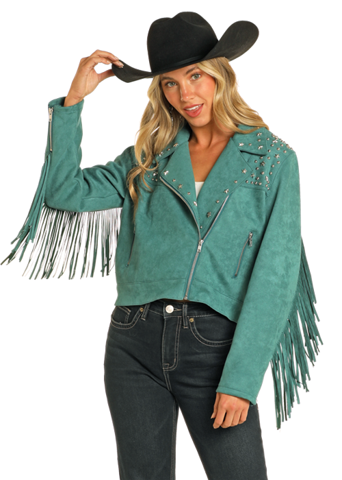 Suede Moto Jacket with Fringe- Teal- BW92C04462