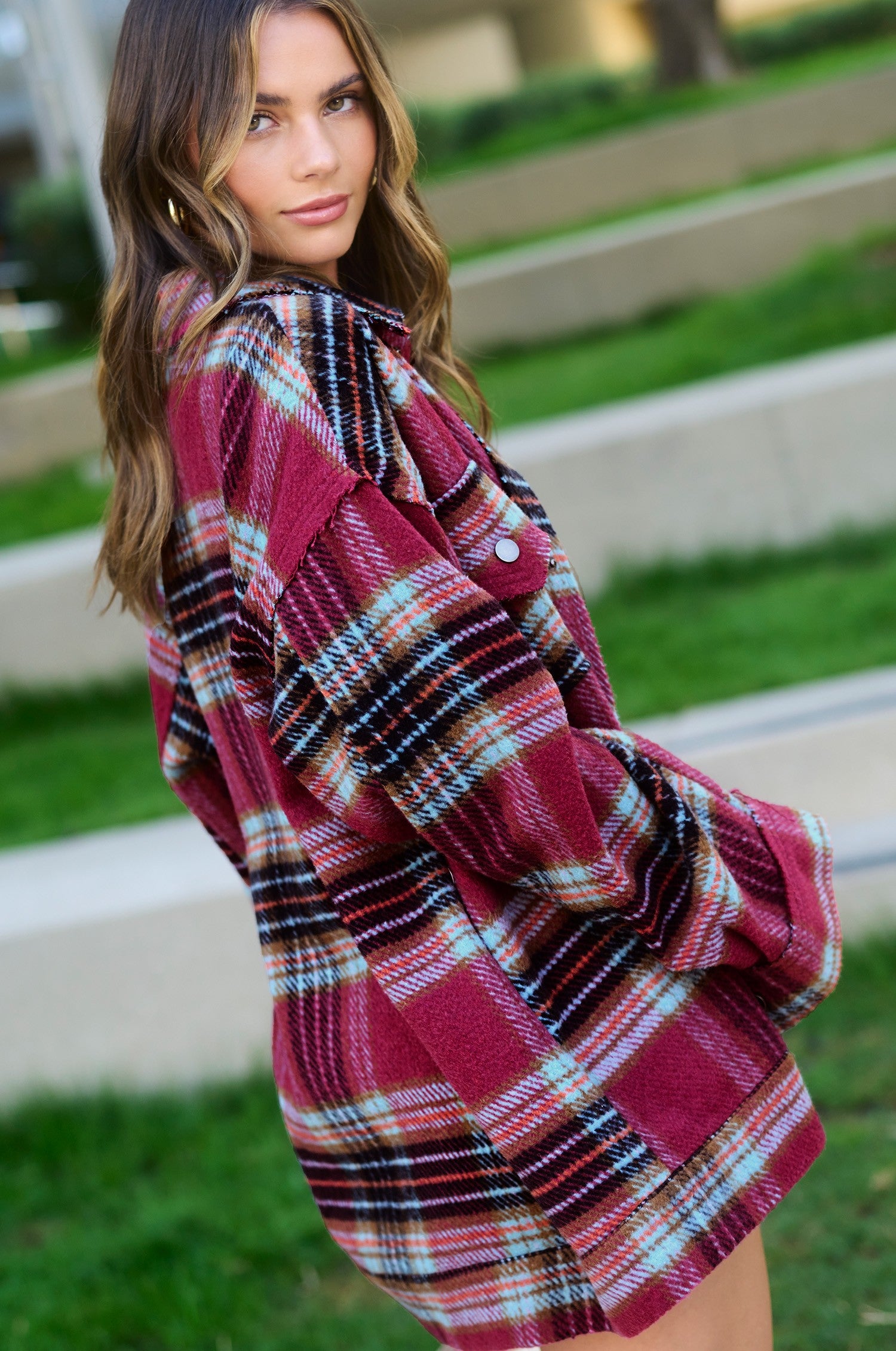 Hailee Plaid Shacket- Maroon/Plum