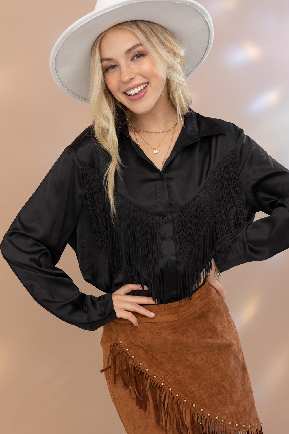 Black Satin Fringe Button Up 