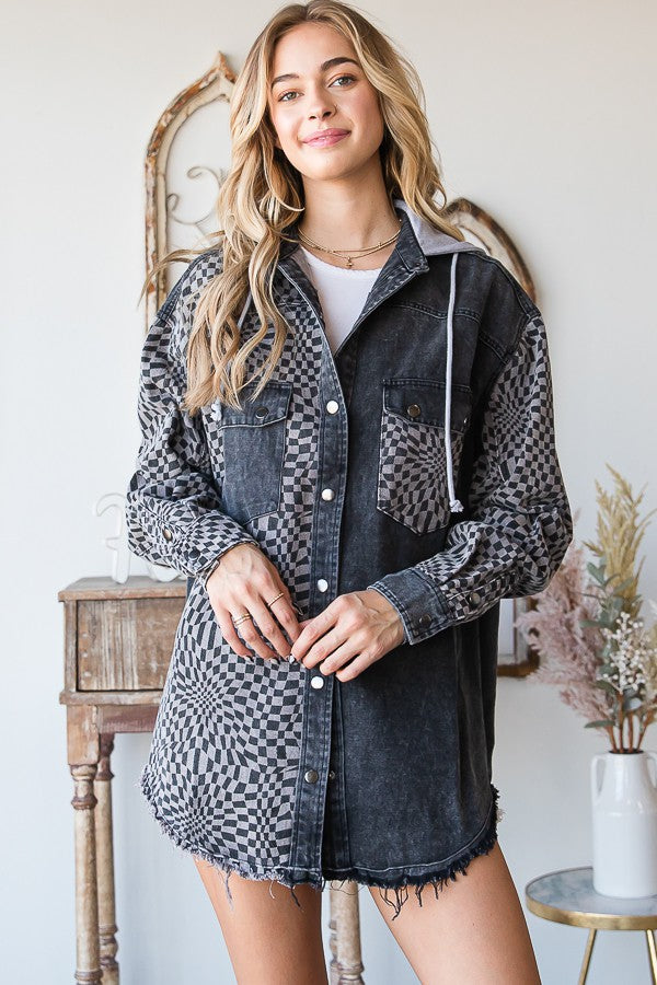 Checkered Hooded Shacket- MJ1065 - Black 