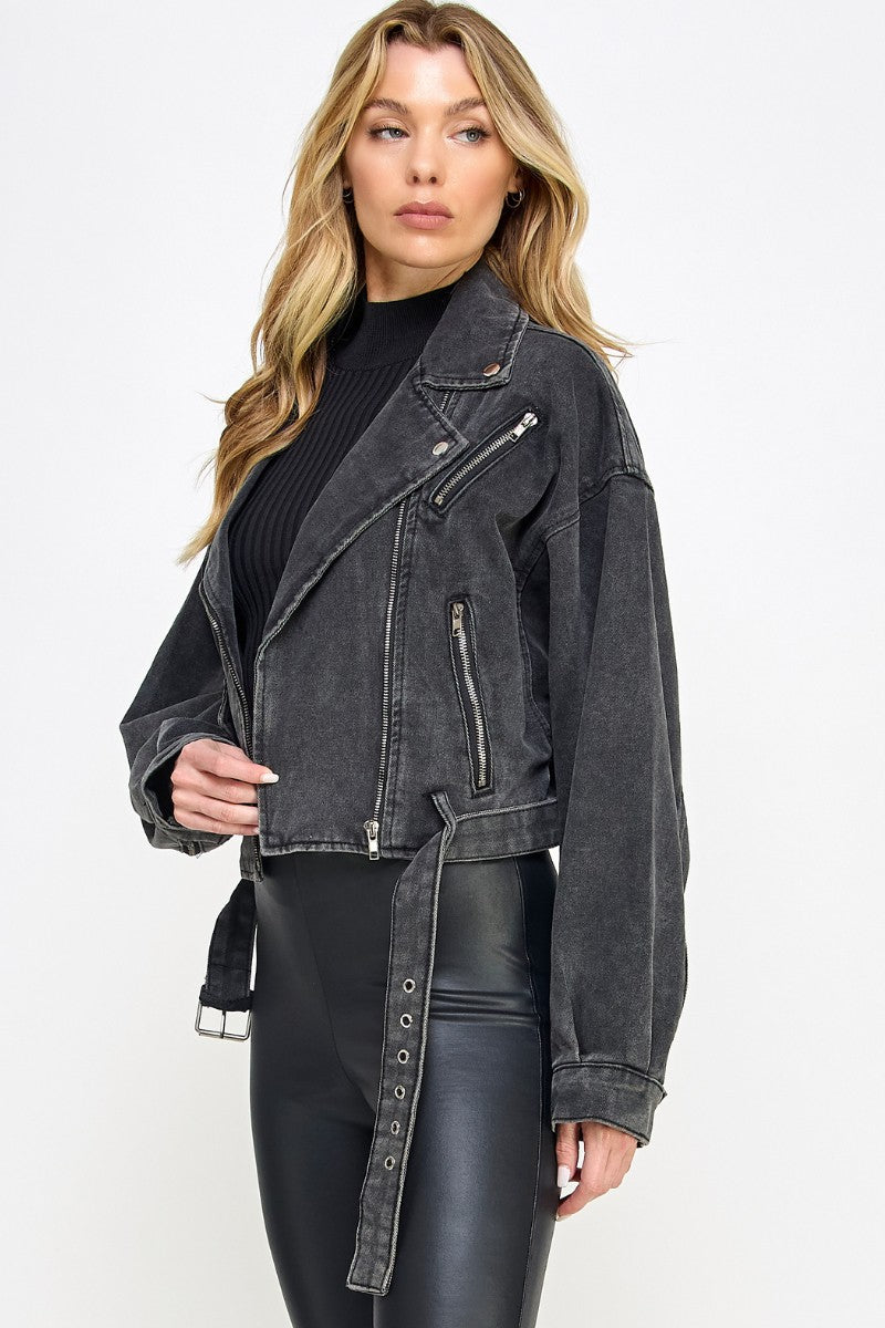 Black Denim Biker Jacket- VJ71810